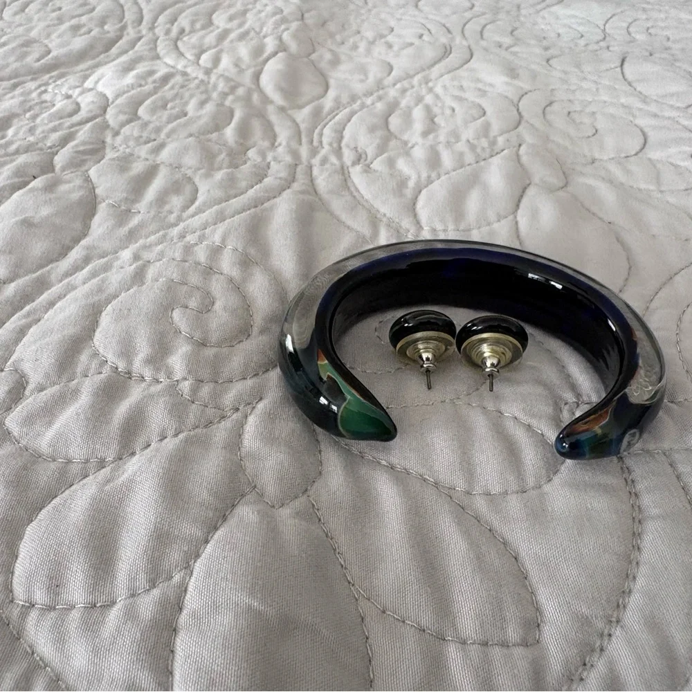 One of a Kind Signed RWG Artisan Glass Bracelet & Matching Earrings Set